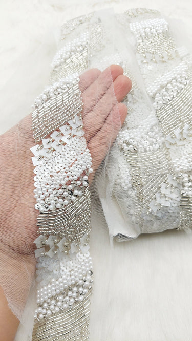 Hand Embroidered White Net Lace With White Sequins and Beads and Pearls, Exclusive Laces, Sequinned Trimming